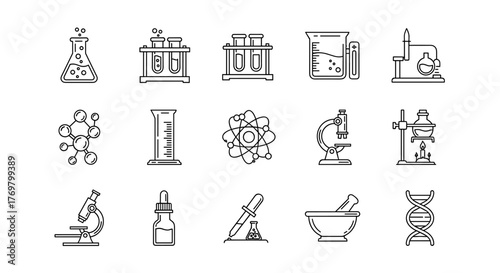 Set of Chemistry and Science Related Line Icons with Editable Stroke, Perfect for Design, Websites, Apps, and Cards, Featuring Linear Images of Chemical Compounds, Laboratory Glassware, Microscopes