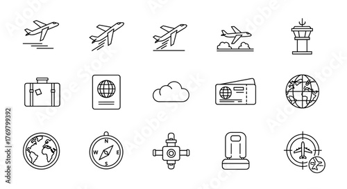 Set of minimalistic thin line icons representing air travel and global exploration, including airplanes taking off, landing, and in flight, a control tower, luggage, passport, boarding pass, world