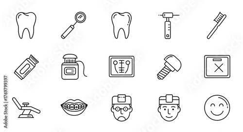 Set of dentist icons in a simple line art style, presented as a vector illustration. This pack includes dental elements, stroke pictograms, and a minimal thin web icon set, all rendered in outline