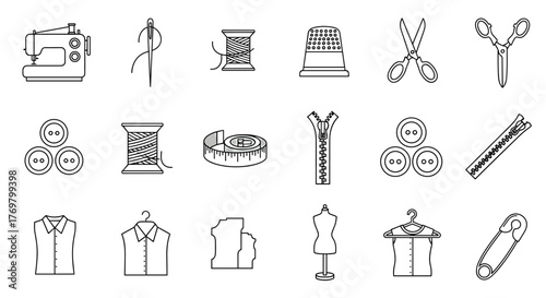 A comprehensive collection of outline-style sewing and garment icons, perfect for design projects, cards, apps, and social networks. This vector cartoon illustration features essential tools and