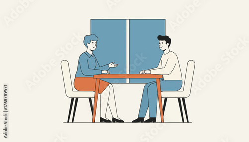 Woman and man sitting across an orange table, engaging in focused conversation against a light colored background and closed windows, representing an interview or business discussion