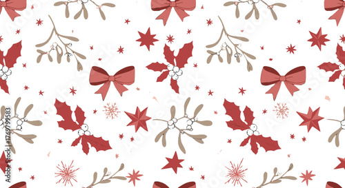 Elegant seamless Christmas pattern featuring red bows, holly leaves with berries, mistletoe branches, and star-shaped snowflakes on a black background, rendered in a cozy festive palette of red