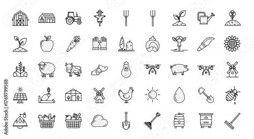 Comprehensive Farming Icon Set: A Collection of Agriculture-Related Line Icons Featuring Farm Buildings, Tractors, Scarecrows, Farm Animals, Gardening Tools, Seeding, Smart Farm Technology, and More