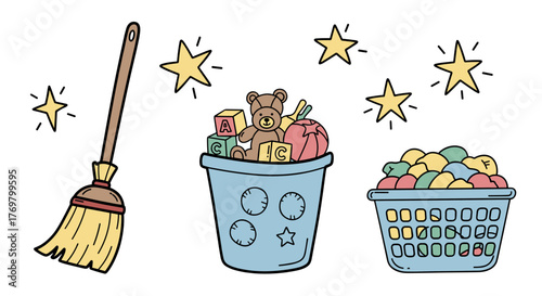 Whimsical hand-drawn doodle set featuring a broom, a blue toy bin overflowing with alphabet blocks, a teddy bear, and a ball, alongside a laundry basket filled with colorful clothes and twinkling