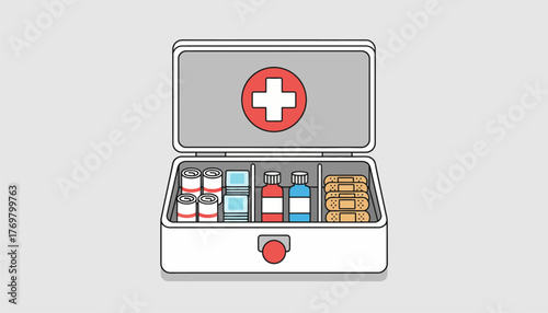 An illustrated first aid kit open and displaying various contents such as bandages antiseptic wipes and pain relief medications.