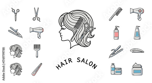 Collection of stylized icons and illustrations related to hair salon services, featuring a silhouette of a woman's head with a comb and scissors, various hairdressing tools like scissors, combs, hair