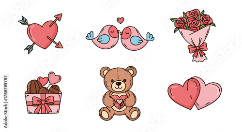 Charming Collection of Valentine's Day Icons: A Heart pierced by arrows, two lovebirds, a bouquet of roses, a gift box of chocolates, a teddy bear holding a heart, and two intertwined hearts, perfect