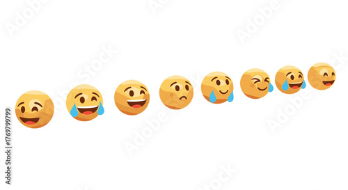 A dynamic line of 3D emojis, captured from various points of view, showcases a spectrum of emotions from joy and laughter to sadness and contemplation, presented against a stark black background for