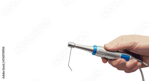 Close-up of a hand holding a modern dental scaler tool with a curved tip, isolated on a black background, symbolizing dental hygiene, oral care, and professional dentistry procedures for medical and