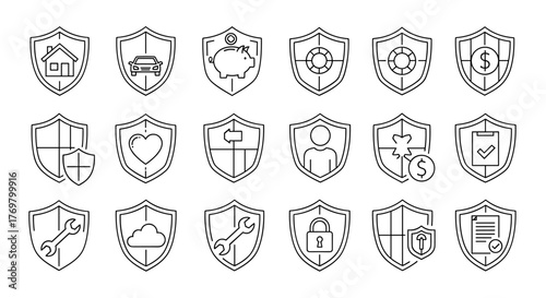 Collection of outline line icons representing defense, insurance, and protection, featuring shields with various symbols like house, car, piggy bank, heart, lifebuoy, person, puzzle, money, wrench