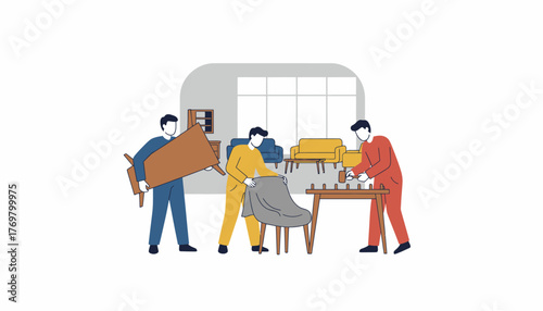 Three men are working together in a furniture workshop, assembling different pieces of furniture like a table and a chair, showing skilled craftsmanship and teamwork