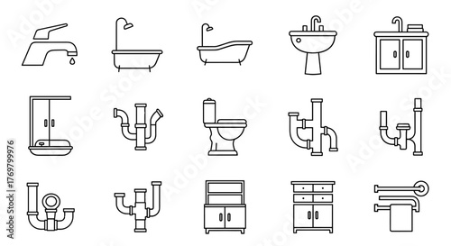 Collection of minimalist line art icons representing bathroom and sanitary ware, including a modern faucet, a classic bathtub, a sleek washbasin, a compact shower cabin with tray, a toilet, various