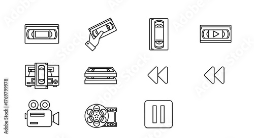 Retro video tape icons, including a VHS cassette held in hand, a stack of VHS tapes, a vintage video camera, a film reel, a VCR player, and playback controls like rewind and pause, presented as thin