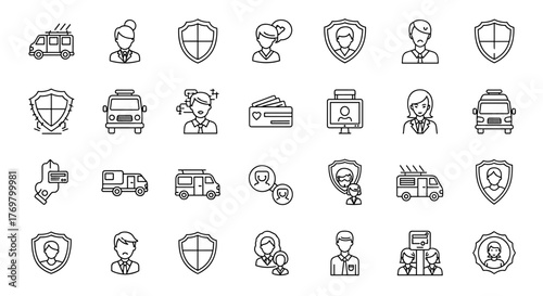 Modern outline style icon set featuring vans, shields, and people, perfect for design projects, apps, and social networks. This collection offers a clean, vector cartoon illustration style with a
