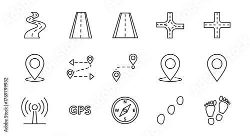 Collection of minimalist line icons representing navigation and travel elements, including winding roads, straight highways, intersections, map pins, GPS signals, compasses, footprints, and route