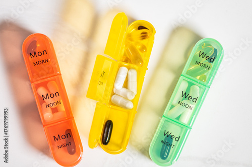 7 Day Weekly Pill Box for 3 Times a Day (Morning, Noon, Night), Daily Portable Travel Pill Box Organiser with different pills or vitamins inside