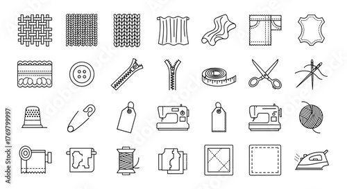 Thin line icon set of fabric features, including woven fabric, knitted fabric, draped fabric, denim, leather, lace, buttons, zippers, scissors, sewing machine, thimble, safety pin, measuring tape