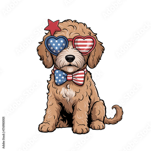 A digital illustration of a Goldendoodle dog wearing
patriotic American-themed accessories