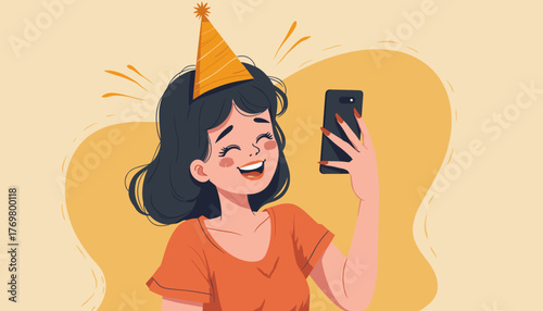 Teenager taking a birthday selfie wearing a party hat illustration on beige background
