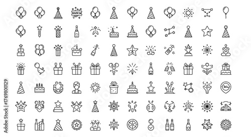 A comprehensive collection of celebration and star-themed line icons, featuring a big UI icon set with thin outline icons pack, perfect for vector illustrations and ordered line icon sets, presented