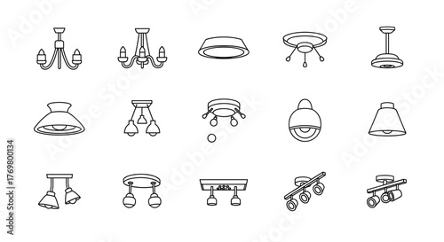 Collection of diverse ceiling light outline icons, perfect for graphic design, web development, app interfaces, advertising materials, and various card designs, presented as a vector cartoon