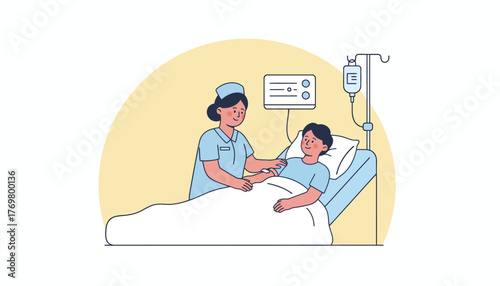 Medical staff providing comforting care to a smiling patient resting in a hospital bed with an iv drip and vital signs monitor in a healthcare setting, transparent background