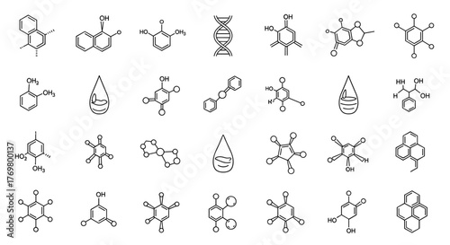 Collection of diverse chemical compound outline illustrations, featuring editable strokes, perfect for infographics, scientific articles, educational books, promotional flyers, and eye-catching