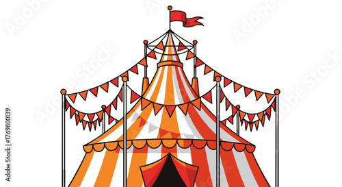 Vibrant vector illustration of a classic circus tent with bold orange and white stripes, adorned with festive red and orange pennant flags and a prominent red flag atop the peak, set against a dark