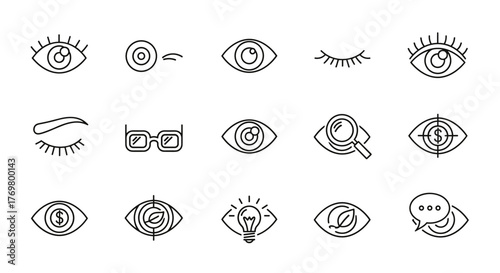 Collection of eye-related line icons, outline signs for graphic and web design, apps, adverts, various cards, vector cartoon illustration with a white background. This set includes symbols for