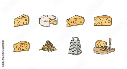 A collection of minimalistic linear pictograms representing various types of cheese, including Swiss cheese with holes, a wheel of brie, and wedges, alongside a grater and shredded cheese, perfect