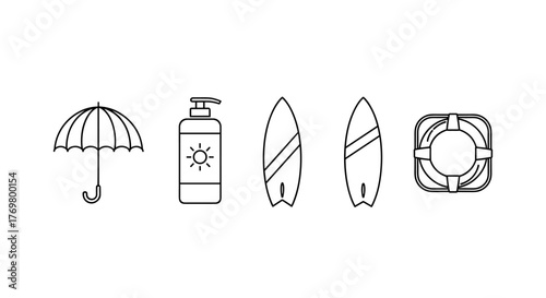 Collection of outline icons representing summer and beach essentials: an umbrella for shade, a bottle of sunscreen for sun protection, two surfboards for water sports, and a lifebuoy for safety, all