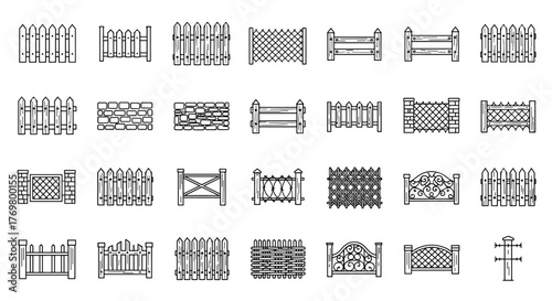 Collection of Line Icons of Fences, Hand-Drawn Style for Apps, Websites, Banners, and Infographics. A Versatile Vector Set Featuring Various Fence Designs, Including Picket, Brick, Wrought Iron, and