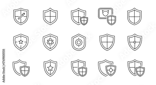 Collection of shield and insurance related line icons, outline signs for graphic and web design, apps, adverts, various cards, vector cartoon illustration, security and protection symbols, digital