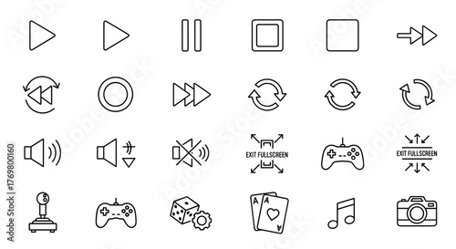 Collection of Play Sign Related Line Icons, Outline Signs for Graphic and Web Design, Apps, Adverts, Various Cards, Vector Cartoon Illustration. A versatile set of minimalist icons representing play