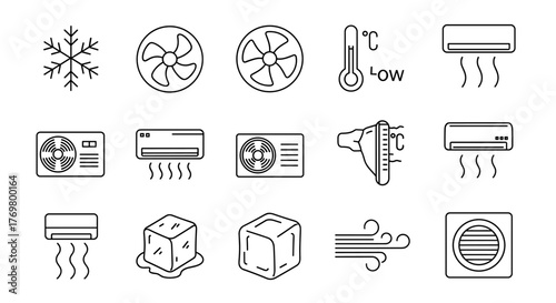Collection of cooling air conditioner line icons, including outline signs for graphic and web design, apps, adverts, and various cards, presented as a vector cartoon illustration with a white