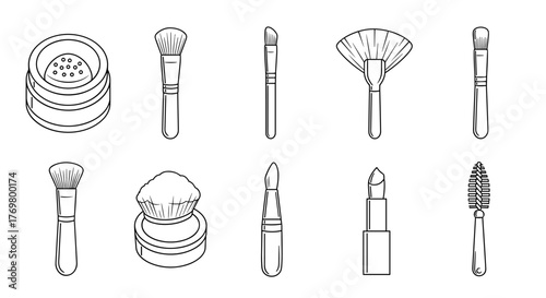 Set of cosmetic brushes and makeup tools in outline style, including powder brush, fan brush, lipstick, and mascara wand, perfect for graphic and web design, apps, adverts, and various cards
