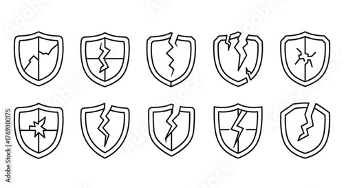 Collection of ten cracked shield line icons, isolated on a white background, representing damage, vulnerability, and broken security. Perfect for graphic design, web sites, cards, books, and