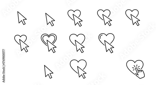 Collection of cursor icons interacting with a heart outline, representing actions like liking, selecting, or saving. This linear vector illustration is perfect for graphic design, web design, app