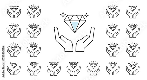 Stylized vector illustration of a bright, multifaceted diamond or gem gemstone glowing above two open hands, symbolizing protection, value, or a precious offering. The graphic features clean lines
