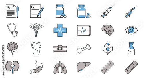 Vibrant and Versatile Medical Icon Bundle: A Collection of Thin, Editable Stroke Vector Graphics Perfect for Websites, Books, Cards, and Apps, Featuring Doctor's Prescriptions, Syringes, Organs, and