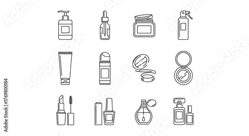 A collection of minimalist line art icons representing various cosmetic bottles and beauty products, including lotion dispensers, serum droppers, jars, spray bottles, tubes, compact powders