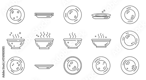 Set of 15 simple thin line icons representing dirty plates and steaming bowls, perfect for web, books, cards, and apps. This vector cartoon illustration collection features various plate and bowl