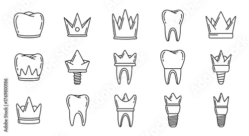 Dental Crown Line Icon Bundle: A Collection of Outline Signs for Graphic and Web Design, Apps, Advertisements, and Various Cards, Featuring Vector Cartoon Illustrations with a White Background for a