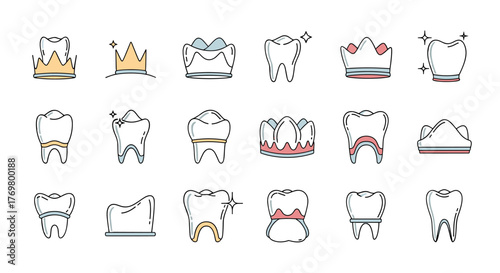 Set of minimalistic dental crowns and healthy teeth icons, vector cartoon illustrations with a white outline and pastel color accents, representing dental care, oral hygiene, and cosmetic dentistry
