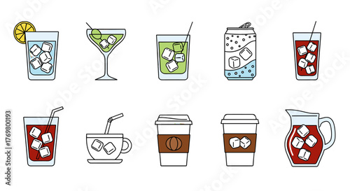 Collection of ten minimalistic, flat design icons representing various cold beverages with ice cubes, including cocktails, coffee cups, soda cans, and pitchers, perfect for web and graphic design