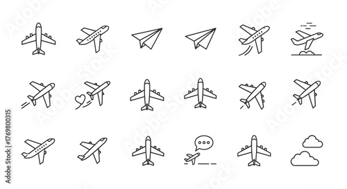 A collection of minimalistic line icons depicting various airplanes and related travel elements, perfect for web design, graphic design, app interfaces, banners, social media, and greeting cards