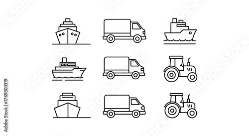 A collection of minimalistic line icons featuring a cruise ship, a delivery van, and a tractor, presented with editable strokes and a clean, linear design, ideal for creating cards, apps, banners