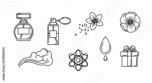 Set of linear perfume bottle icons and symbols for graphic design, web sites, cards, books, and articles, presented as a vector cartoon illustration on a clean white background, offering a versatile