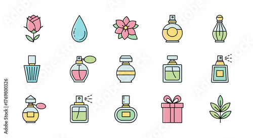 A collection of flat design perfume bottle icons, featuring various shapes and colors, alongside complementary elements like a rose, a water drop, a flower, and a gift box, perfect for graphic