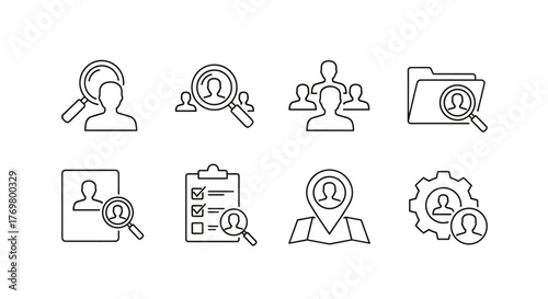 Collection of eight minimalist line icons representing various aspects of human resources, recruitment, and personnel management, including search, team, folder, checklist, location, and settings